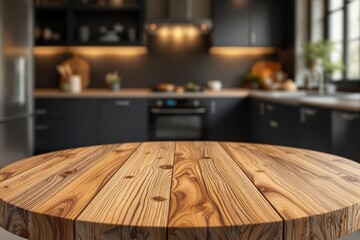 Wall Mural - Wooden table closeup in a modern kitchen background, perfect for copyspace or product presentation.