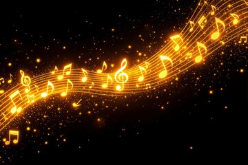 abstract glowing golden music notes and staff on a black background.