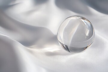 Wall Mural - A delicate glass sphere rests on a soft silky fabric. The smooth surface reflects gentle light. This image captures elegance and tranquility. Generative AI