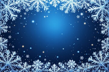 Wall Mural - Snowflake frame on blue background with sparkling stars and glowing particles.