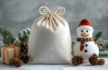 Wall Mural - Christmas mockup with a blank canvas gift bag, snowman, pine cones, and gift box on a snowy surface.