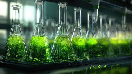 science laboratory research and development concept. test tubes with green liquid. glassware experim