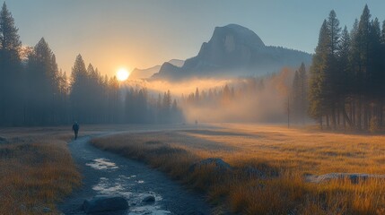 Poster - Sunrise hiker in misty valley.