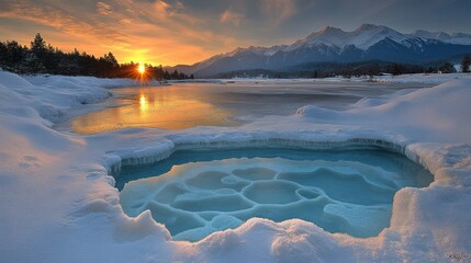 Poster - Sunrise over icy river and frozen pool.