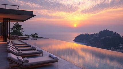 Canvas Print - Sunrise over ocean view infinity pool.