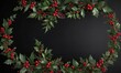 © OneWayPhoto - Swirl ribbons and stars on black background with festive holly leaves and berries,  holiday decor,  star decorations