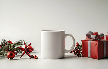 Wall Mural - Festive Christmas mockup featuring a white mug, red gift, ornaments, and pine branches on a white background, ideal for branding or holiday designs.