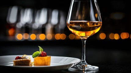 Wall Mural - A glass of wine is on a plate with a dessert