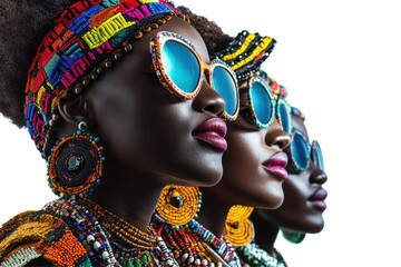 Poster - Stylish models showcase vibrant sunglasses in a creative display featuring diverse fashion choices against a white background