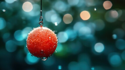 Poster - Wet red sphere hanging, bokeh background.