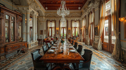 Elegant dining room in palace, table set for meal, ornate decor, garden view