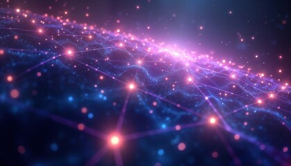 Abstract universe illustration shows glowing spheres connected by cosmic energy lines. Glowing particles form network of connections. Dynamic fractal pattern creates mystical, futuristic effect.