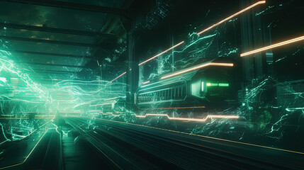 Wall Mural - abstract light streaks in a dynamic digital space with glowing green elements