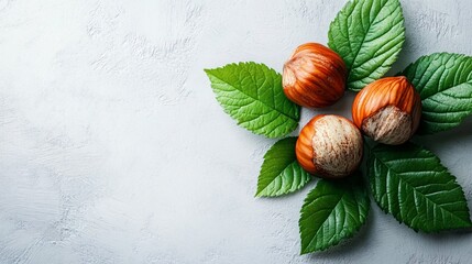 Sticker - Fresh hazelnuts surrounded by vibrant green leaves on textured background