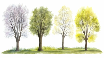 Four trees showing seasonal changes, spring, summer, autumn, winter, against white background, for nature illustrations.