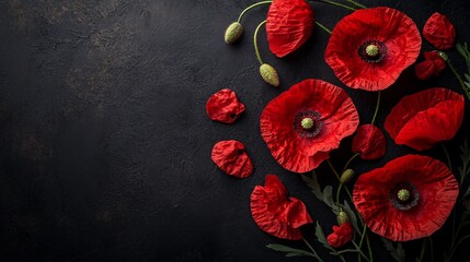 Sticker - Vibrant red poppies arranged artistically on a dark background showcasing their beauty