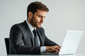 Aufkleber - Professional man working on a laptop in a suit at a modern office setting during the daytime