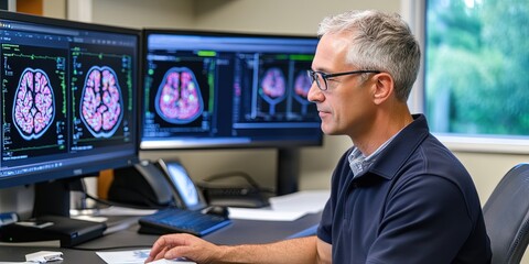 Wall Mural - neurologist doctor looking at digital brain scan on computer in lab
