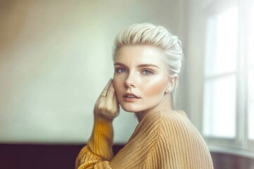 Wall Mural - Young caucasian female with blonde hair in cozy sweater by window