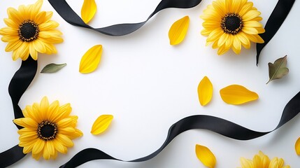 Sticker - Sunflowers arranged with black ribbons and petals on a white surface for decoration