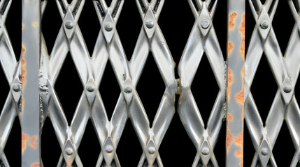 Rusty metal security gate, diamond pattern, close-up texture, urban background, industrial design element.