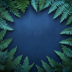 Wall Mural - Green fern leaves bordering dark blue background creating copy space