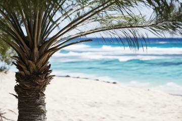 Wall Mural - Serene tropical beach with palm tree and turquoise ocean waves