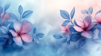 Wall Mural - Delicate Pink Flowers with Blue Leaves Artistic Rendering