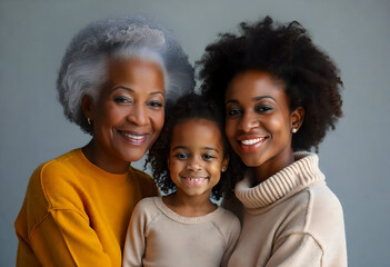 Three generations of African-American smiling women, hugging in studio shot against gray background