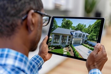 Wall Mural - real estate broker hosting tablet virtual property tour in online conference