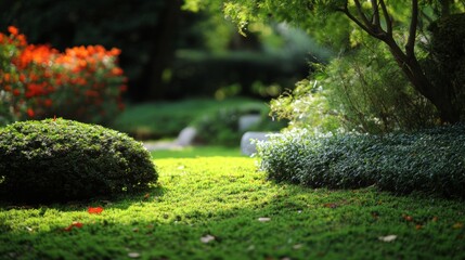 Lush green garden with manicured shrubs and flowers.