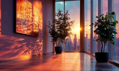 Wall Mural - Sunrise Illuminates Modern Apartment Interior with Plants and Artwork