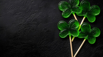 Poster - Three green shamrock lollipops arranged on a dark textured background, evoking a festive and whimsical feel.