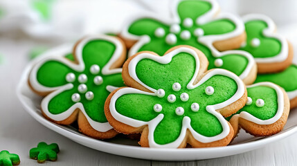 Wall Mural - Colorful green flower-shaped cookies decorated with white icing, arranged neatly on a plate, perfect for festive occasions.