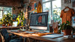 © karina_lo - Creative workspace with computer displaying fashion designs in sunlit studio interior