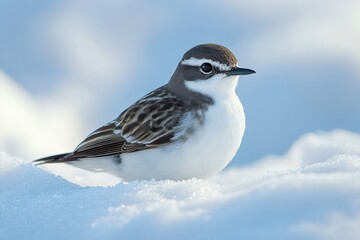 Wall Mural - Water pipit perching on snow during winter