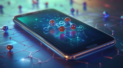 Molecular structure displayed on a smartphone screen, representing digital technology and scientific research.