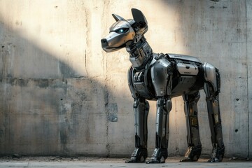 Poster - Metallic robot dog standing near concrete wall in spot of light