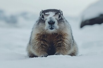 Wall Mural - Marmot emerging from snow burrow in winter wonderland