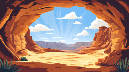 Wall Mural - A sandstone archway frames a breathtaking view of a sun-drenched desert landscape, casting long shadows across the weathered terrain. Sandstone. Illustration