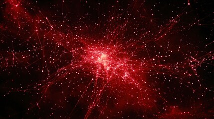 Wall Mural - abstract red network, glowing particles and lines on black background.