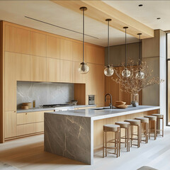 Wall Mural - A modern kitchen with light wood cabinets and grey marble island tall barstools on the island hanging pendant lights above an open layout luxury home in New York City