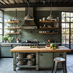 Wall Mural - create kitchen design industrial style color gray green features open shelving metal accents wooden countertops