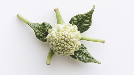 Close-up of a green botanical bud with unique textures and leaves, showcasing its intricate details against a white background.