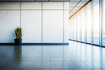 Wall Mural - Minimalist empty room with white concrete wall and potted plant in bright natural light