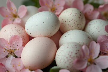 Wall Mural - Easter eggs and pink flowers creating a beautiful spring arrangement