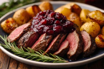 Wall Mural - Sliced venison loin with cranberry sauce and roasted potatoes