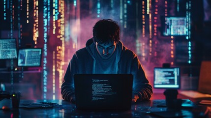 Male programmer focused on coding in a dimly lit room filled with digital screens and colorful binary data projections.