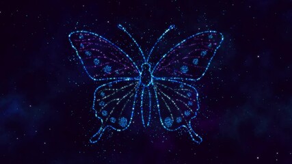 Wall Mural - butterfly shiny glitter glowing stars on night sky animation, meditation and space science motion background