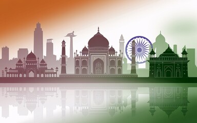 Wall Mural - tiranga flag, Indian landmarks skyline reflected in water, flag colors.